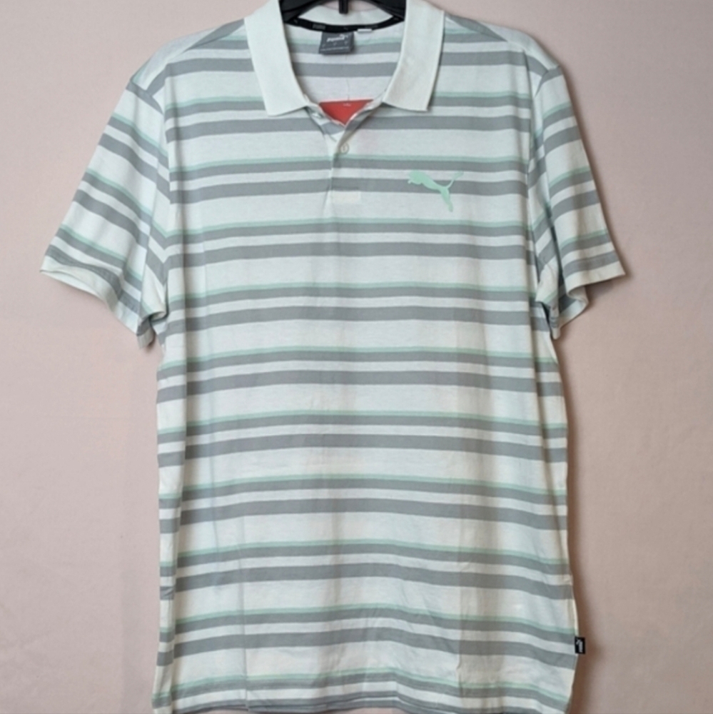 Puma Essentials Striped Jersey Polo in White and Gray and Mint Green size Small
